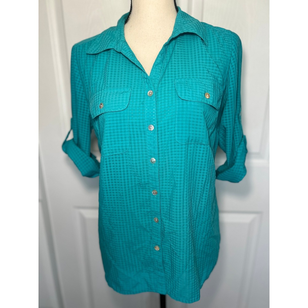 Teal Gingham Roll Tab Button Down Shirt Small Teal Checkered Utility Top